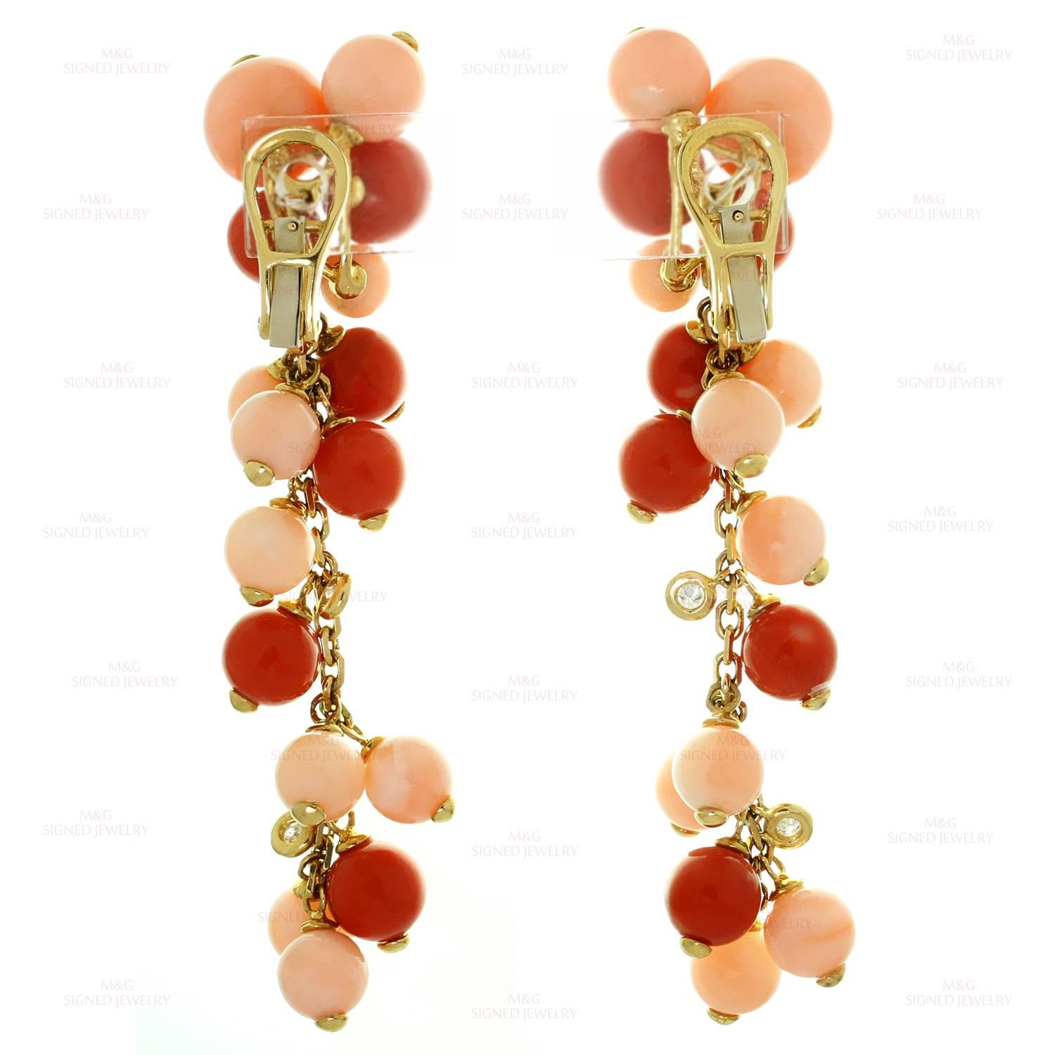 Diamond Coral Yellow Gold Dangle Earrings 2