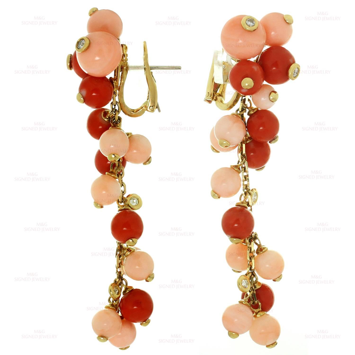 Women's Diamond Coral Yellow Gold Dangle Earrings