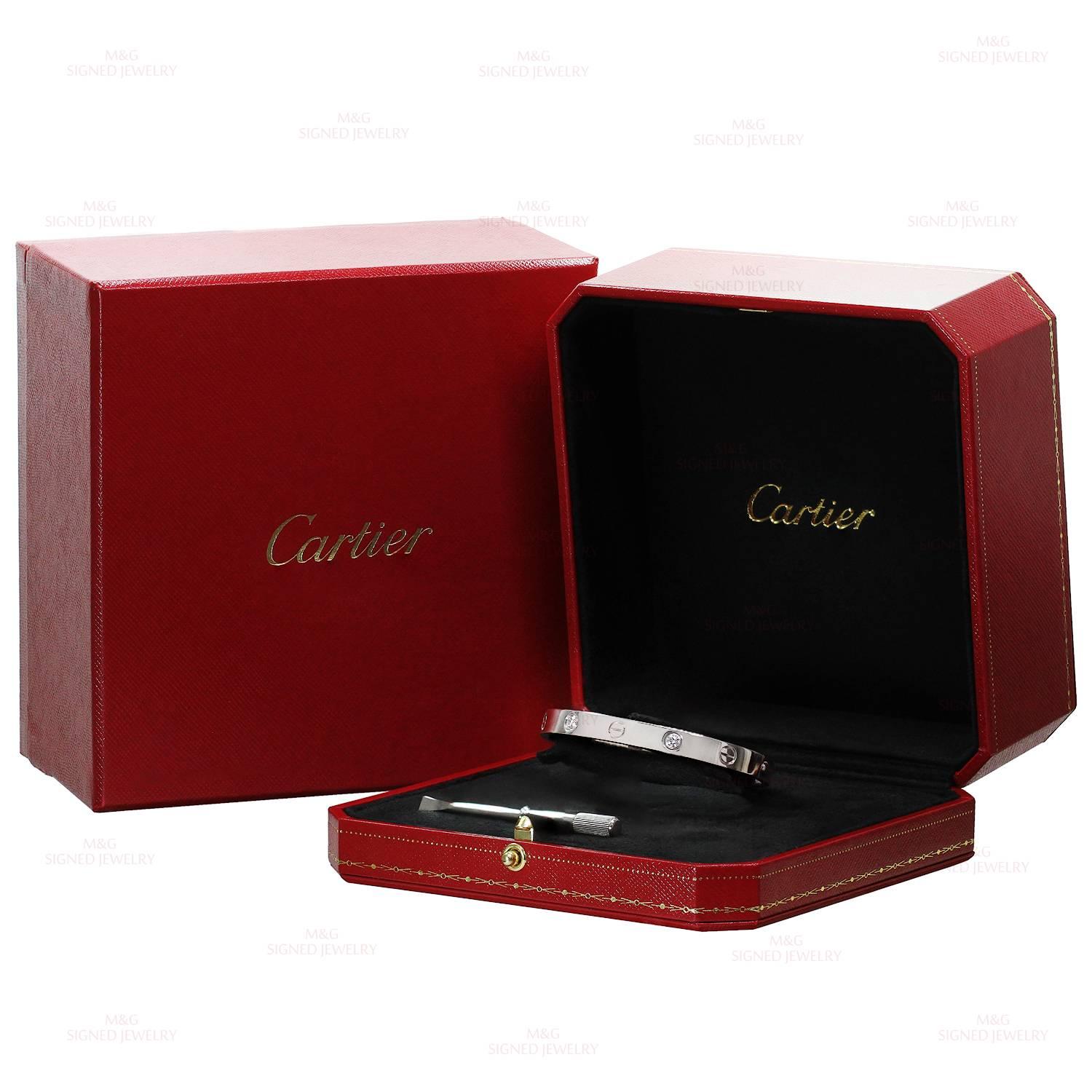 Cartier Love Four-Diamond White Gold Bracelet Box Papers. Sz.16 In Excellent Condition In New York, NY