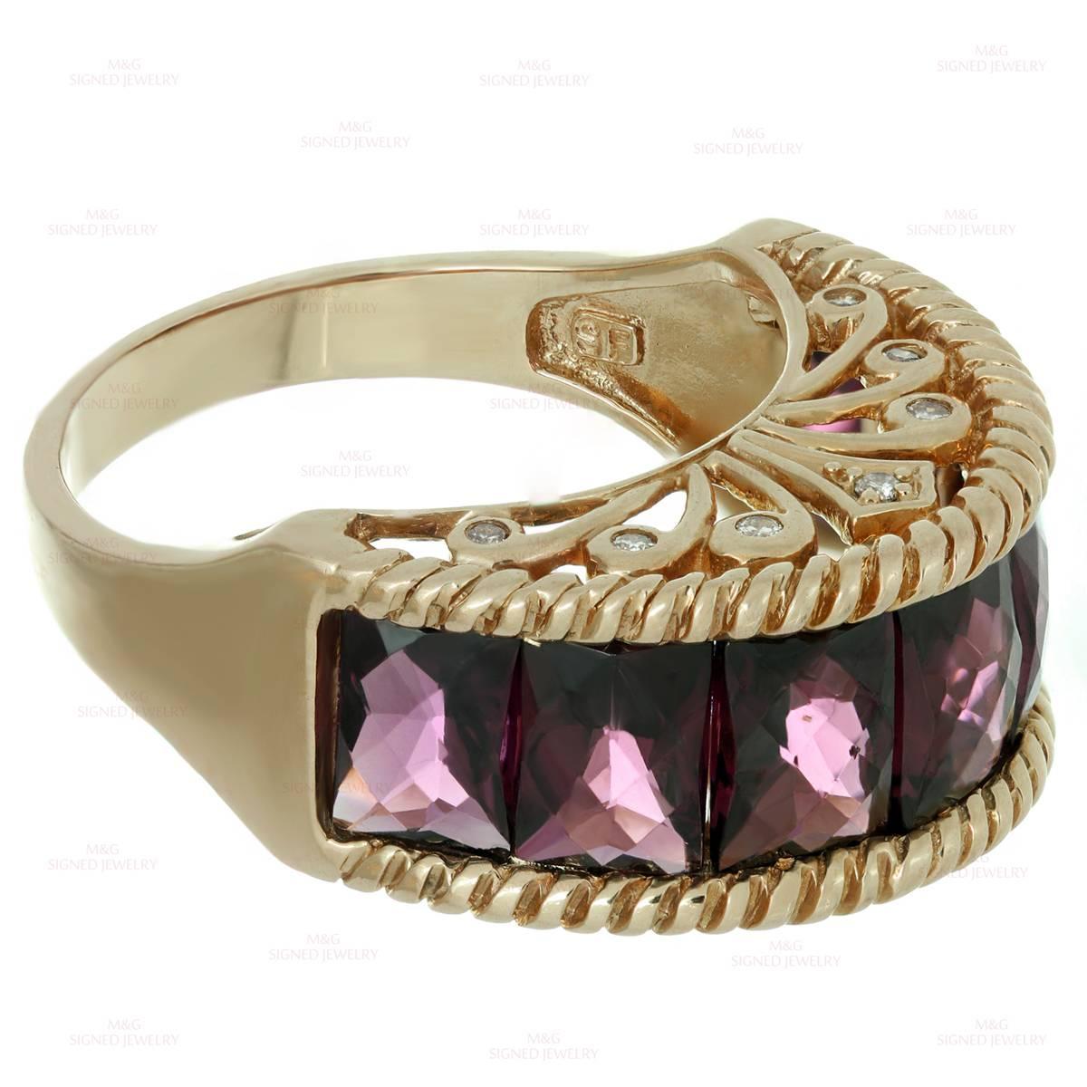 This elegant ring is made in 18k rose gold and set with special lazer emerald-cut rhodolite stones in vivid, sparkling purplish red color, weighing an estimated 10.50 carats and accented on both sides with brilliant-cut round Champagne SI diamonds