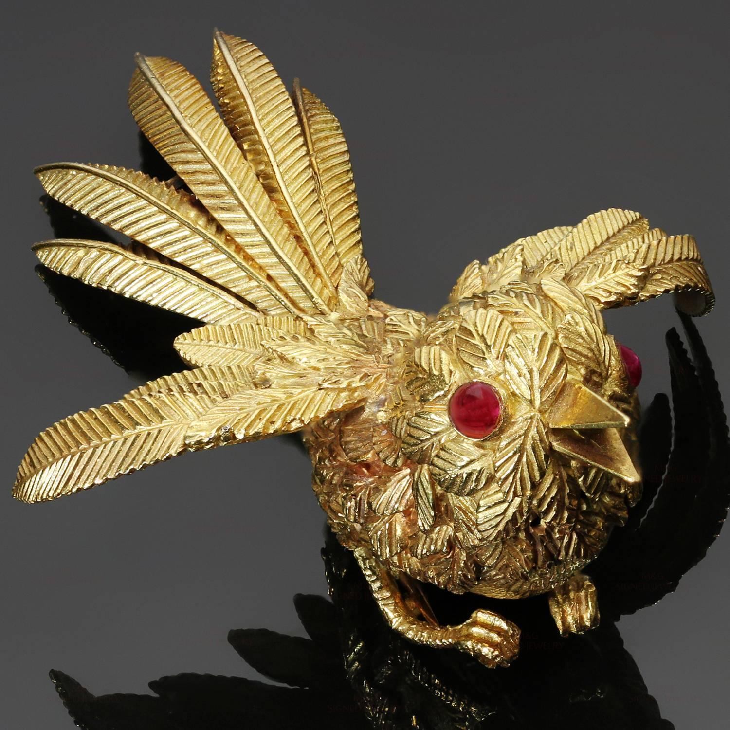 Van Cleef & Arpels Bird of Paradise Ruby Yellow Gold 1950s Brooch 2