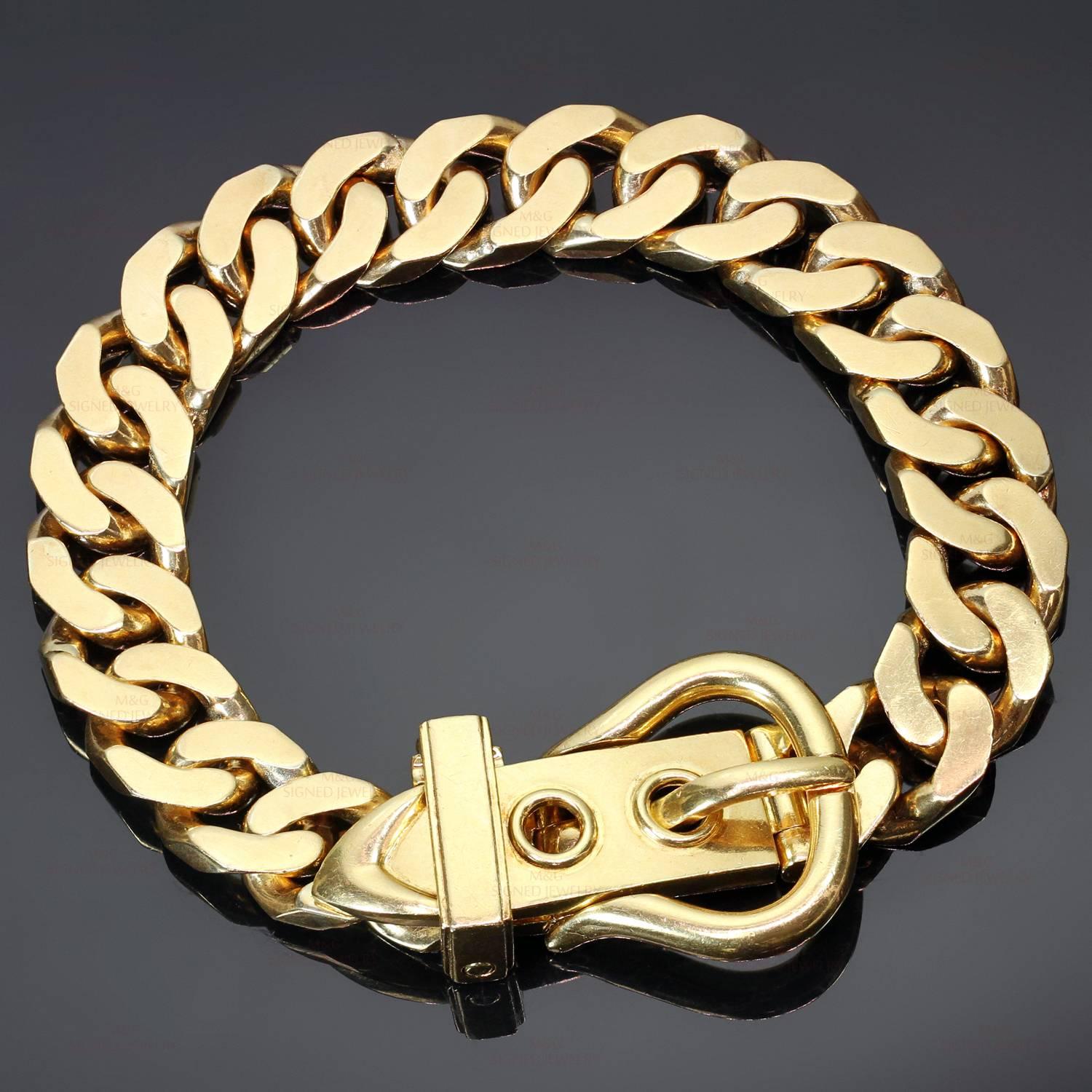 This chic and rare Boucle Sellier bracelet created by Hermes in Paris in 1980s is crafted in 18k yellow gold and features a belt design with a heavy curb link chain which ends with a cute buckle. Adjustable length will fit 8