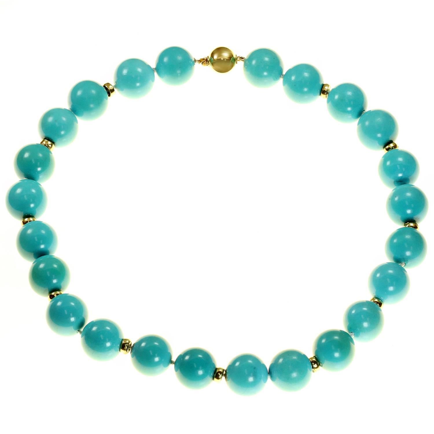 GIA Certified Natural Turquoise Bead Yellow Gold Necklace