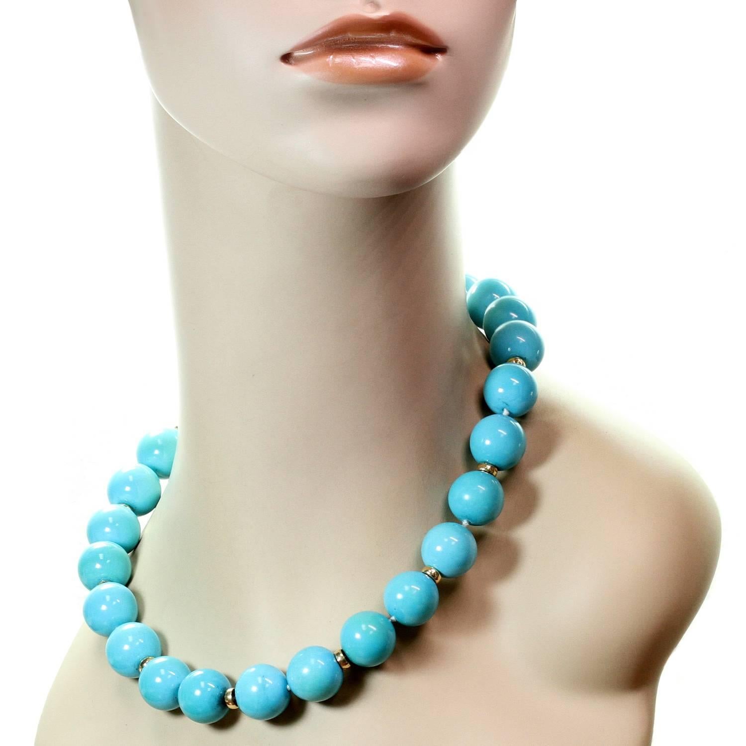 GIA Certified Natural Turquoise Bead Yellow Gold Necklace In Good Condition In New York, NY