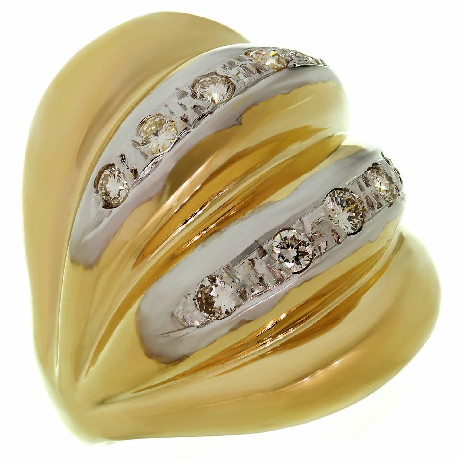 Diamond Yellow Gold Fluted Dome Ring For Sale