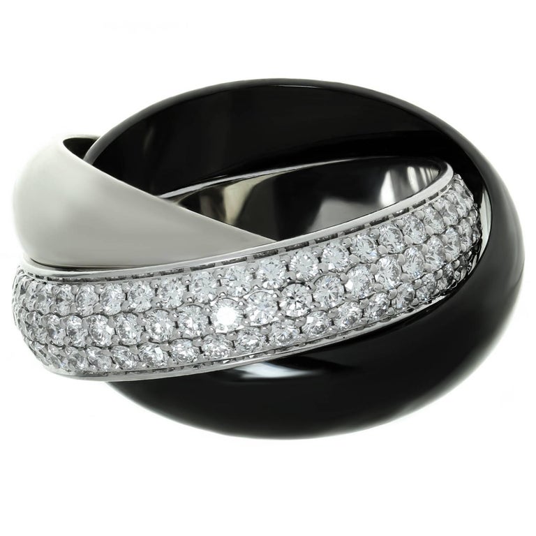Trinity de Cartier Diamond Black Ceramic White Gold Large Ring For Sale ...