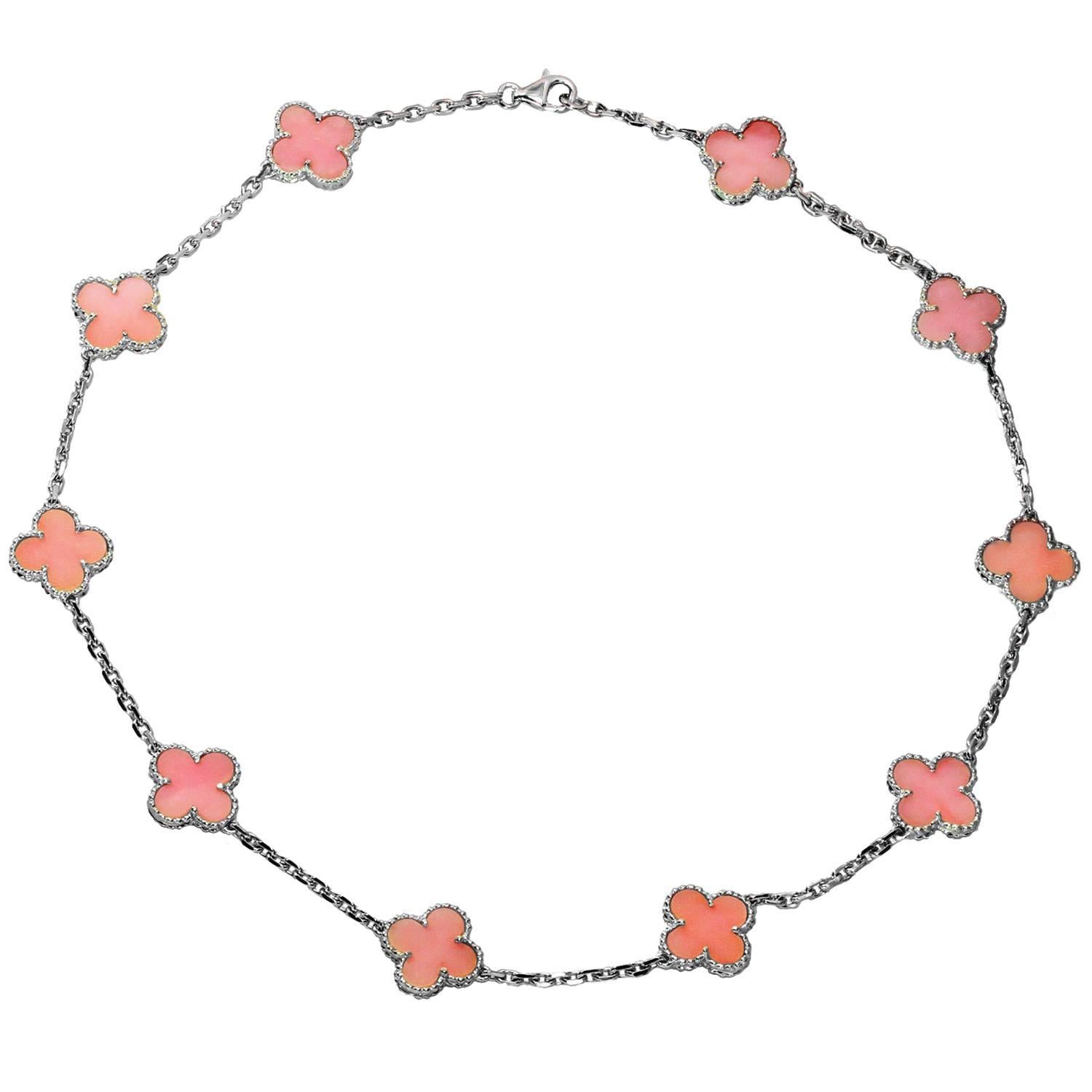 Van Cleef and Arpels Alhambra Pink Opal White Gold Ten Motif Necklace at  1stDibs