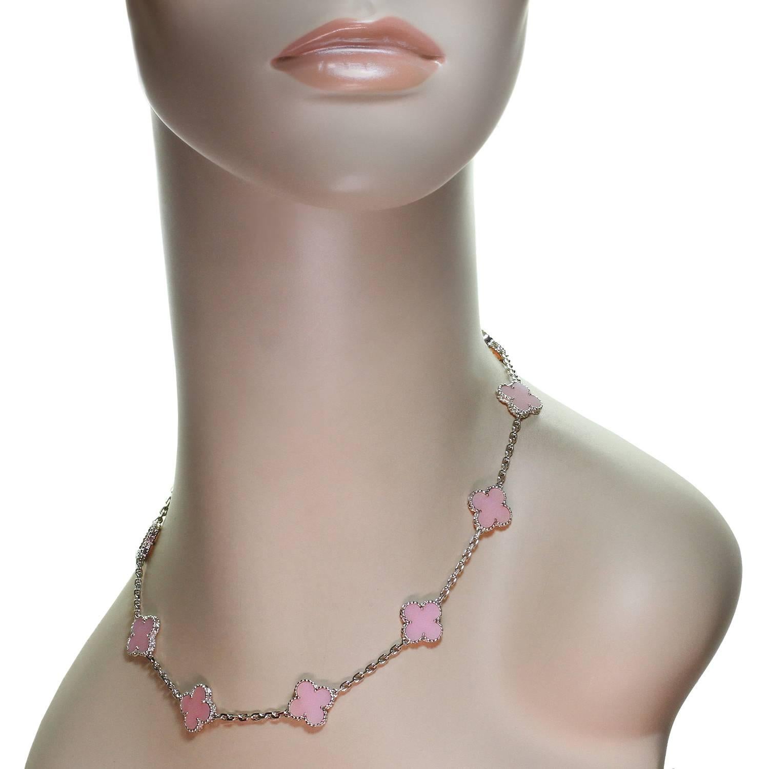 Van Cleef & Arpels Alhambra Pink Opal White Gold Ten Motif Necklace In Excellent Condition In New York, NY