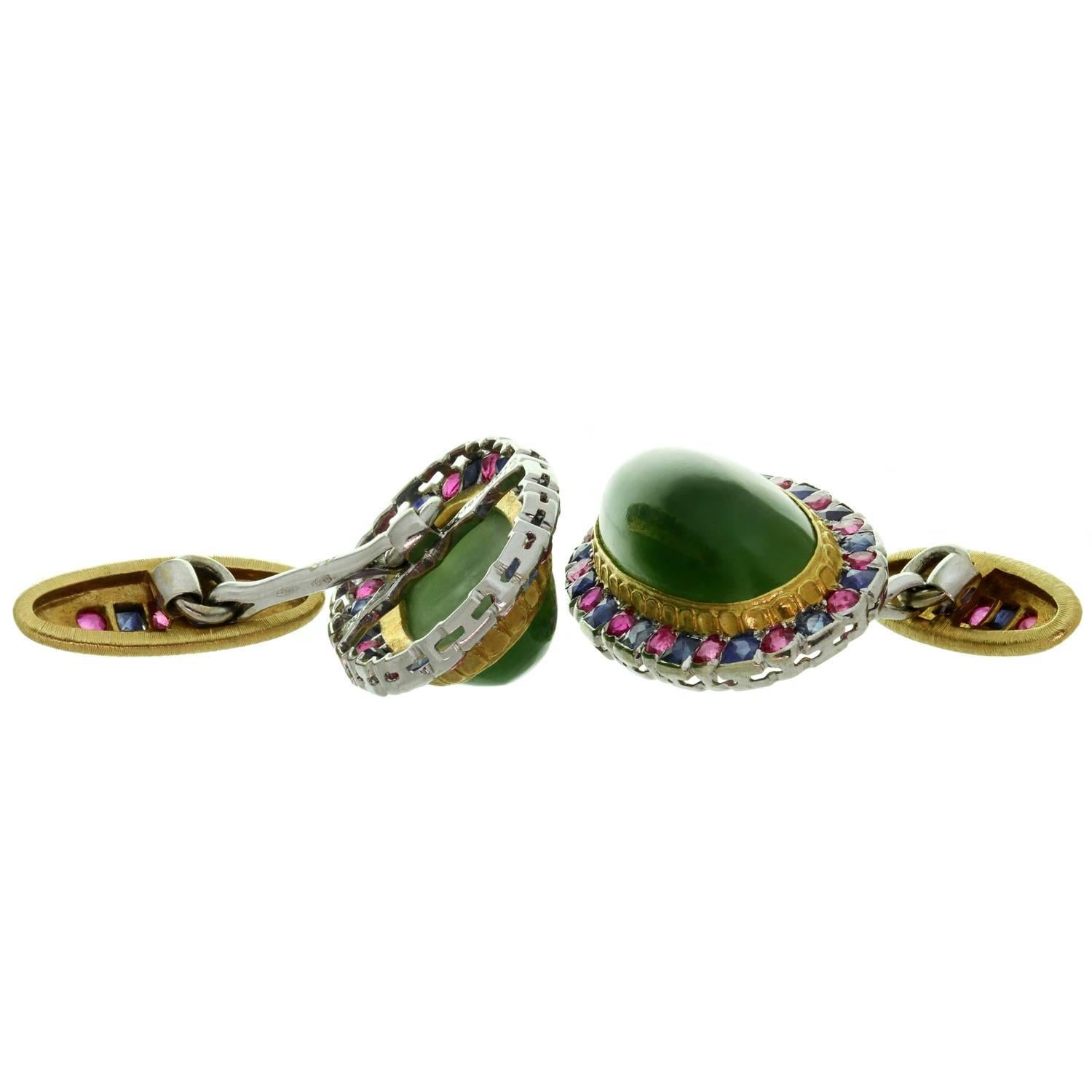 Gianmario Buccellati Nephrite Sapphire Ruby 18 Karat Gold Cufflinks In Excellent Condition In New York, NY