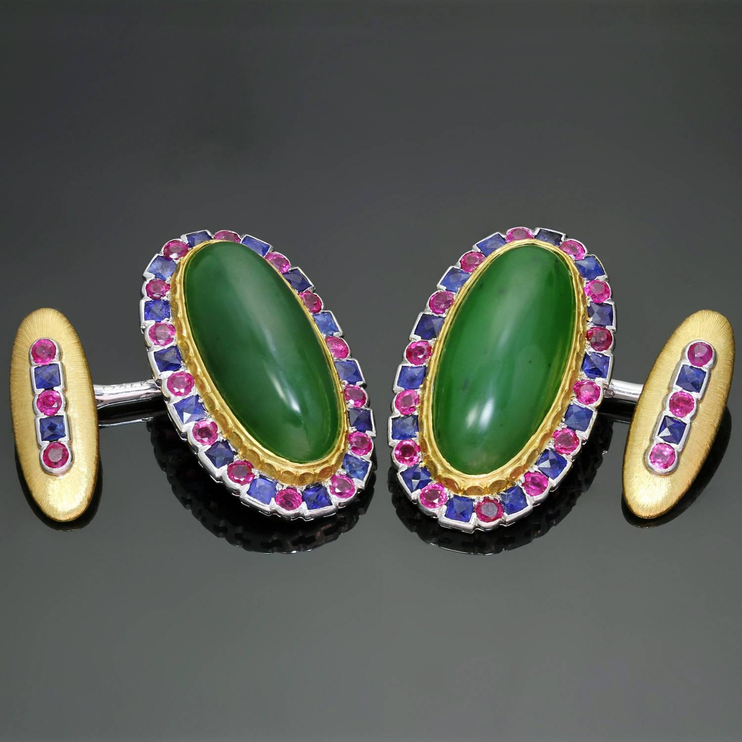 These stunning Buccellati cufflinks are crafted in 18k yellow and white gold and set with vibrant oval nephrite cabochons framed by sparkling square sapphires and round rubies. The overall wear is minor and consistent with age. Made in Italy circa