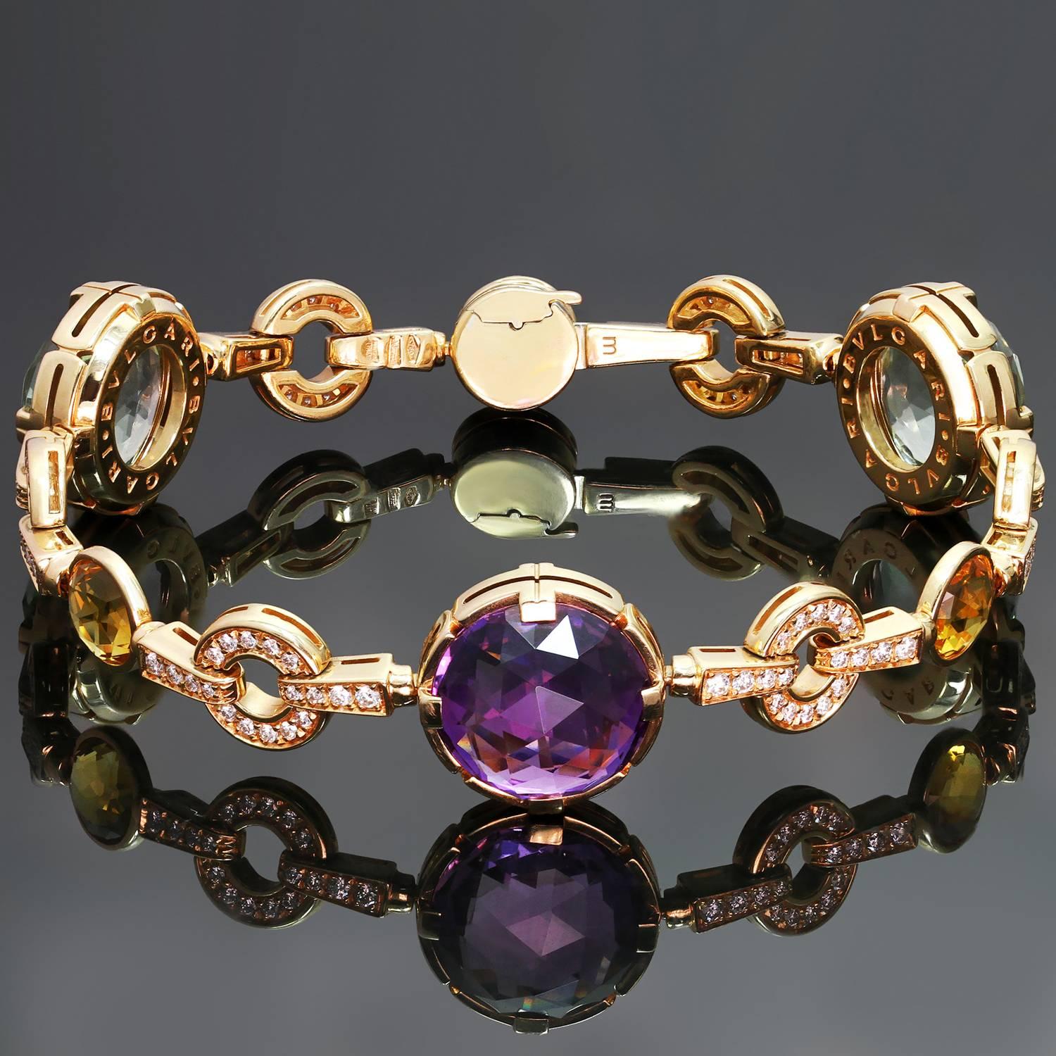 This gorgeous cocktail bracelet from Bulgari's vibrant Parentesi collection is crafted in 18k rose gold and beautifully set with a amethyst, green and citrine quartz, and brilliant-cut round diamonds. Made in Italy circa 2010s. Measurements: 0.59