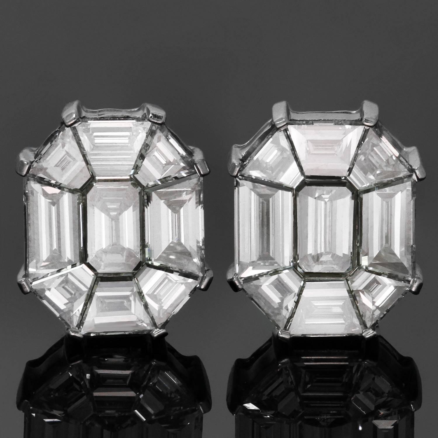 These exquisite earrings feature tapered baguette and emerald-cut diamonds designed to create an illusion of a single large asscher-cut diamond. Asscher-cut is a beautifully unique shape that is nearly identical to the emerald-cut except that it is