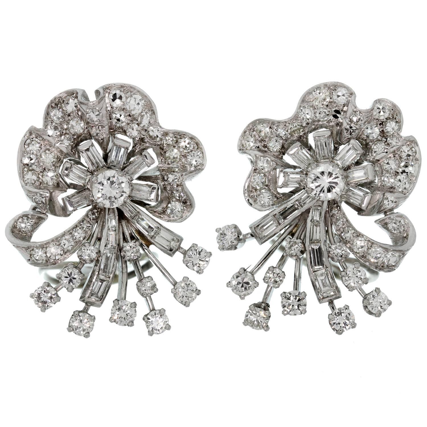 1960s Diamond Platinum White Gold Clip-on Earrings