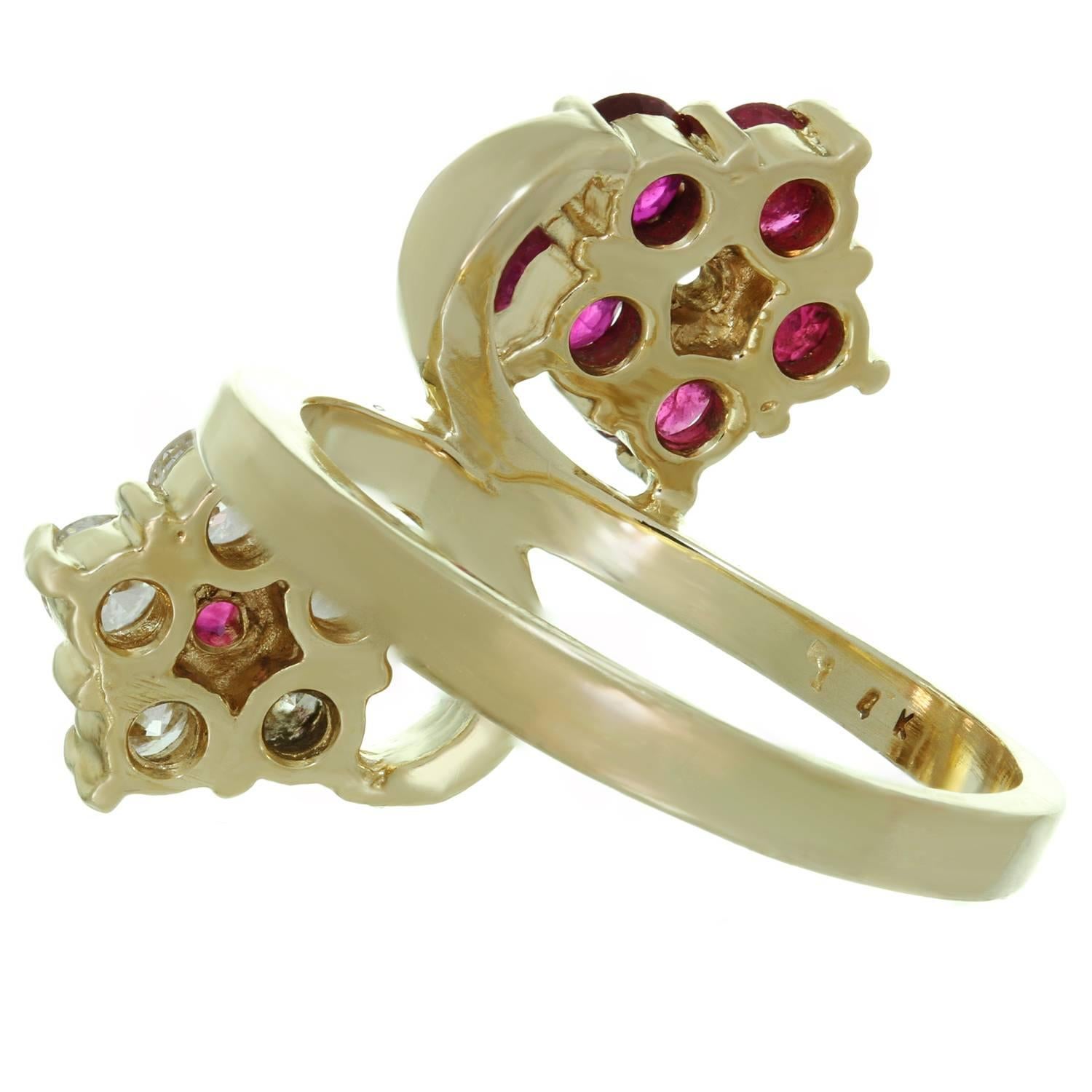 Brilliant Cut Diamond Ruby Two Flower Yellow Gold Ring For Sale