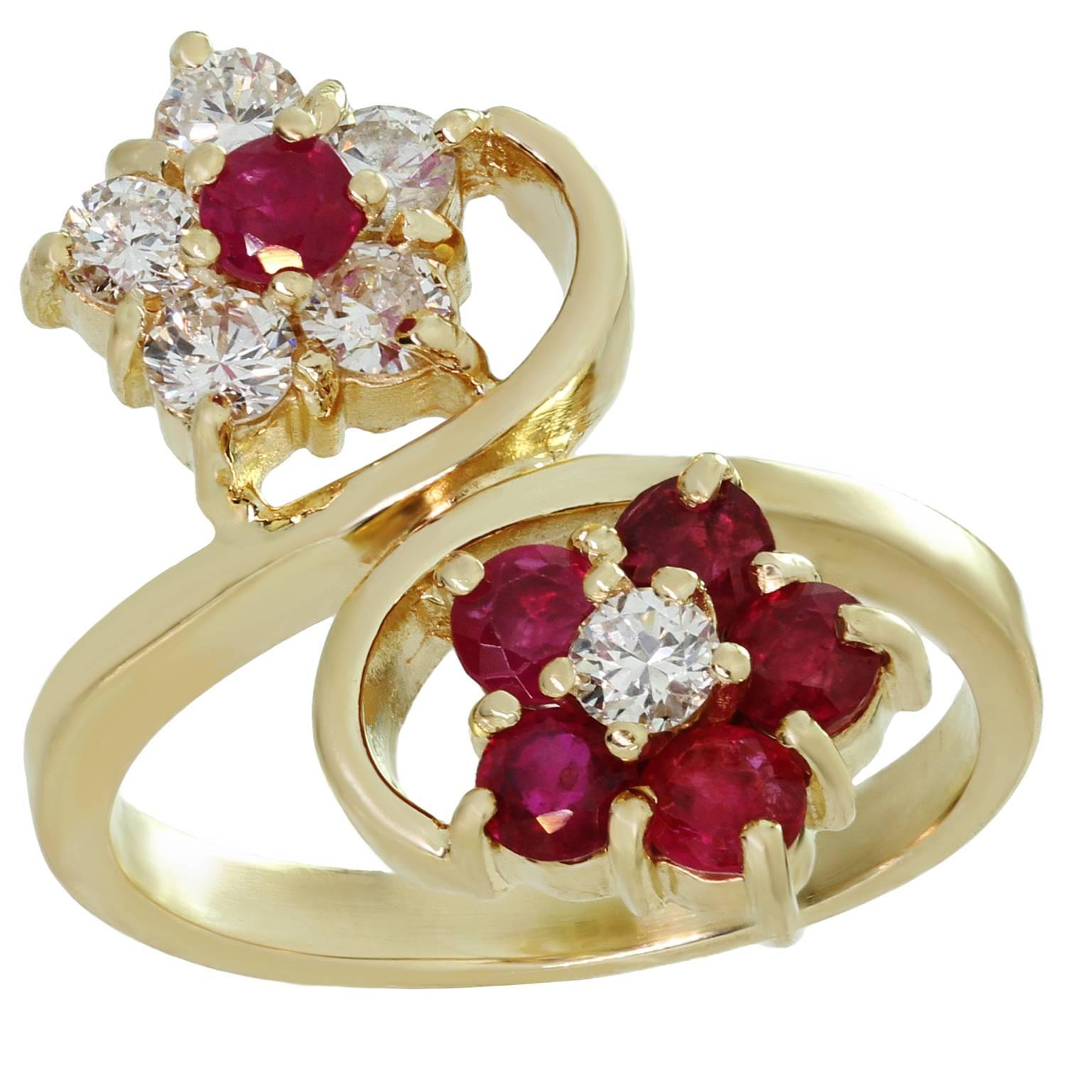 Diamond Ruby Two Flower Yellow Gold Ring For Sale