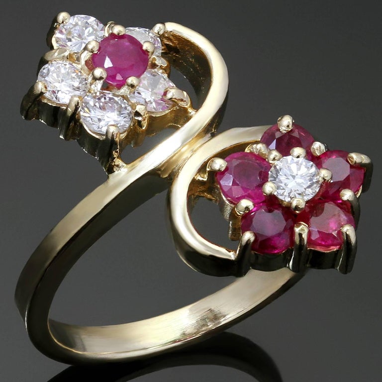 Diamond Ruby Two Flower Yellow Gold Ring For Sale at 1stDibs ruby