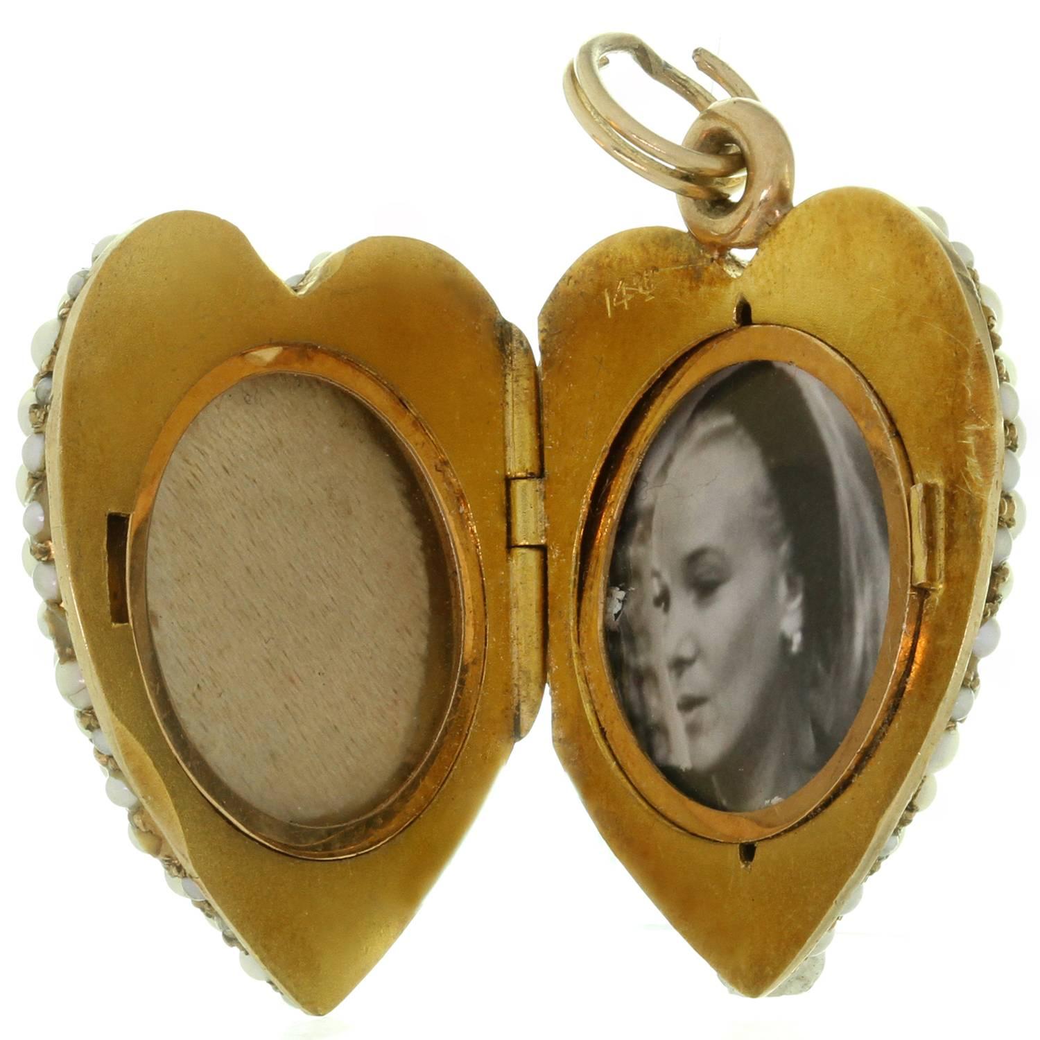 Bead Victorian Double Sided Pave Seed Pearl Yellow Gold Heart Locket Pendant