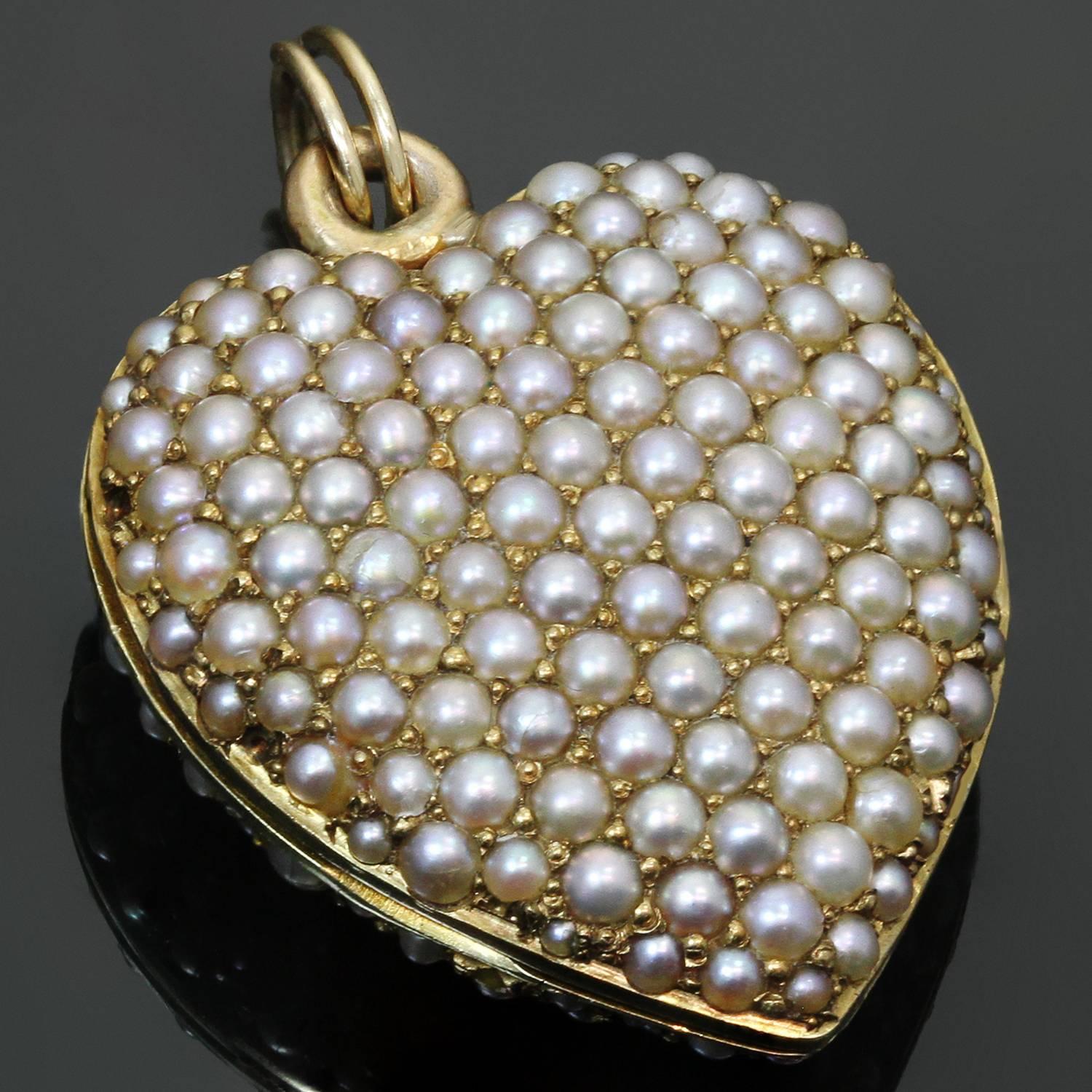 Victorian Double Sided Pave Seed Pearl Yellow Gold Heart Locket Pendant 1
