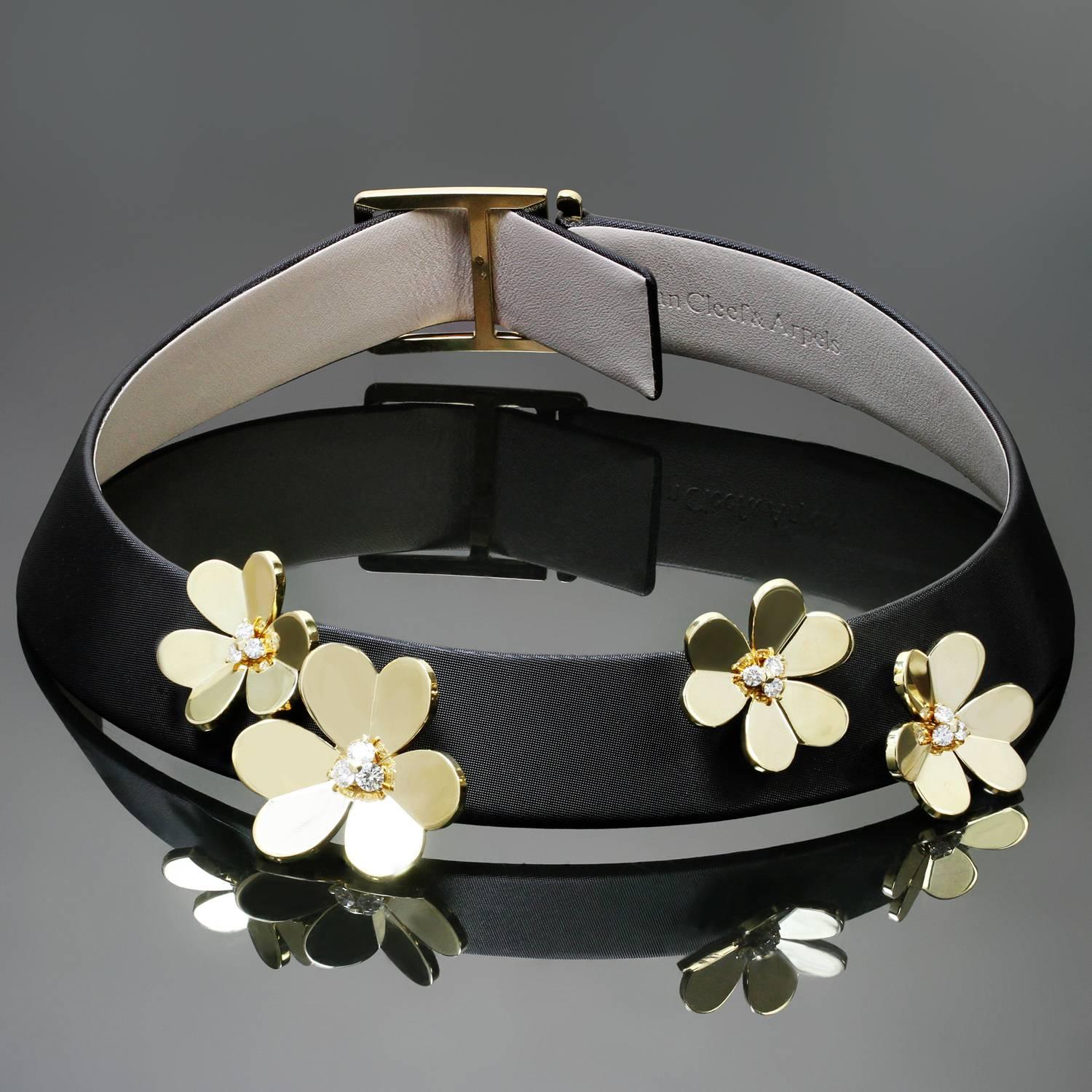 This rare and fabulous choker necklace from the famous Frivole collection by Van Cleef and Arpels features an adjustable Ravena cord with four 18k yellow gold flowers accented with sparkling prong-set clusters of brilliant-cut round diamonds of an
