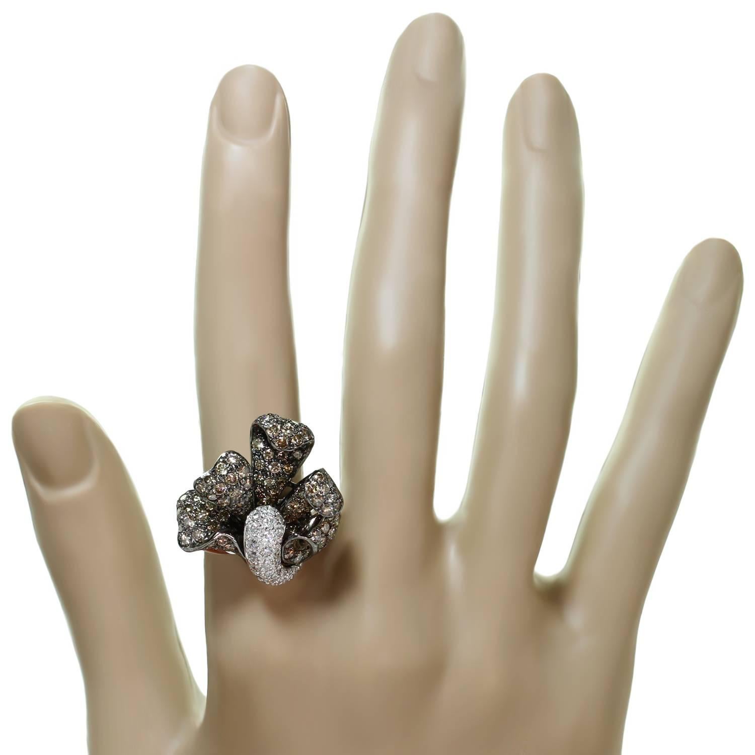 Women's White and Champagne Diamond White Gold Flower Ring  Earrings Set