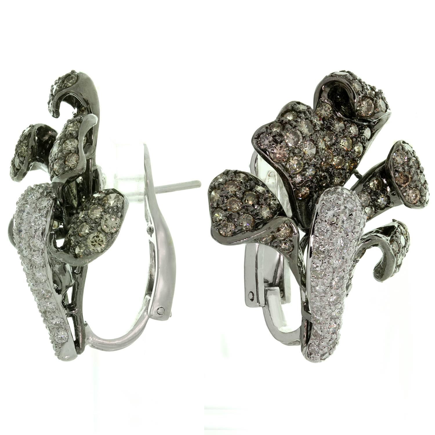 White and Champagne Diamond White Gold Flower Ring  Earrings Set 1