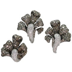 White and Champagne Diamond White Gold Flower Ring  Earrings Set