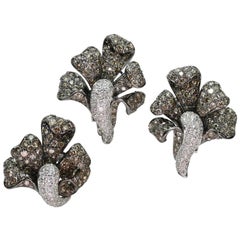 White and Champagne Diamond White Gold Flower Ring Earrings Set