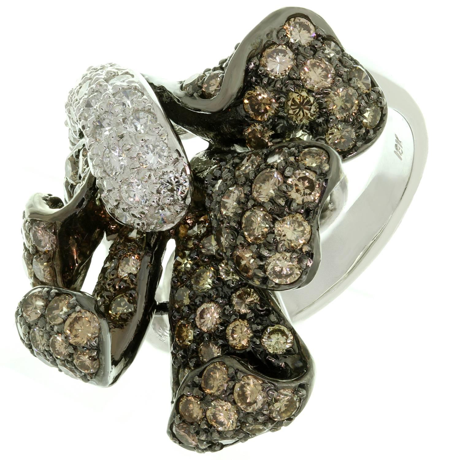 White and Champagne Diamond White Gold Flower Ring  Earrings Set 4