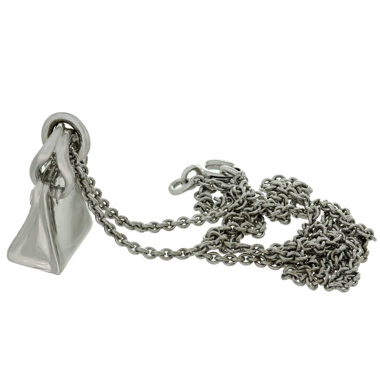 HERMES Birkin Amulette Diamond White Gold Pendant Necklace In Excellent Condition In New York, NY