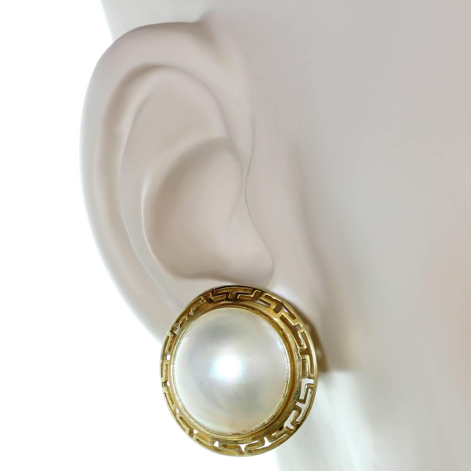 Mother-Of-Pearl Yellow Gold Greek Pattern Button Earrings For Sale at ...