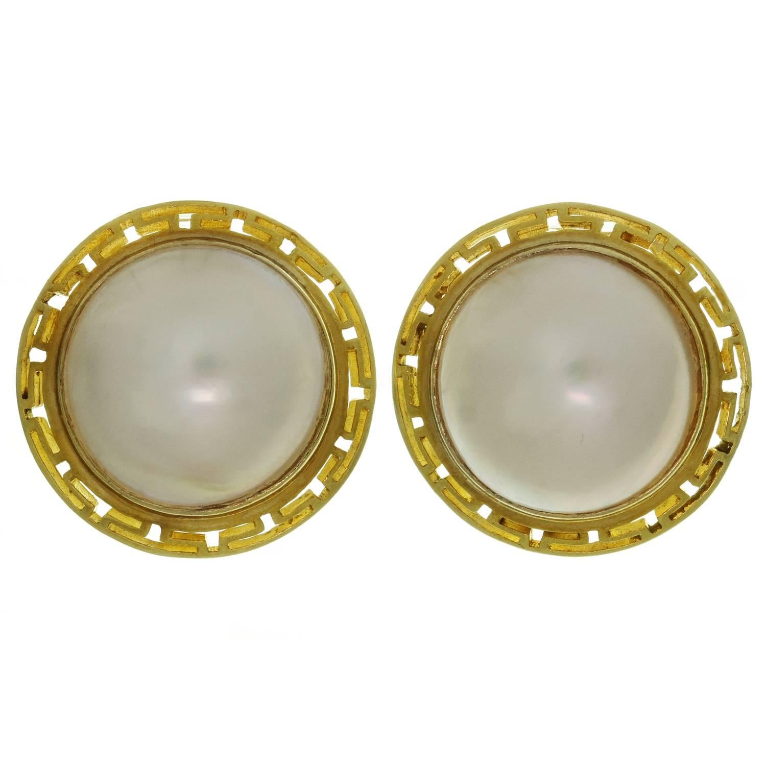 Mother-Of-Pearl Yellow Gold Greek Pattern Button Earrings