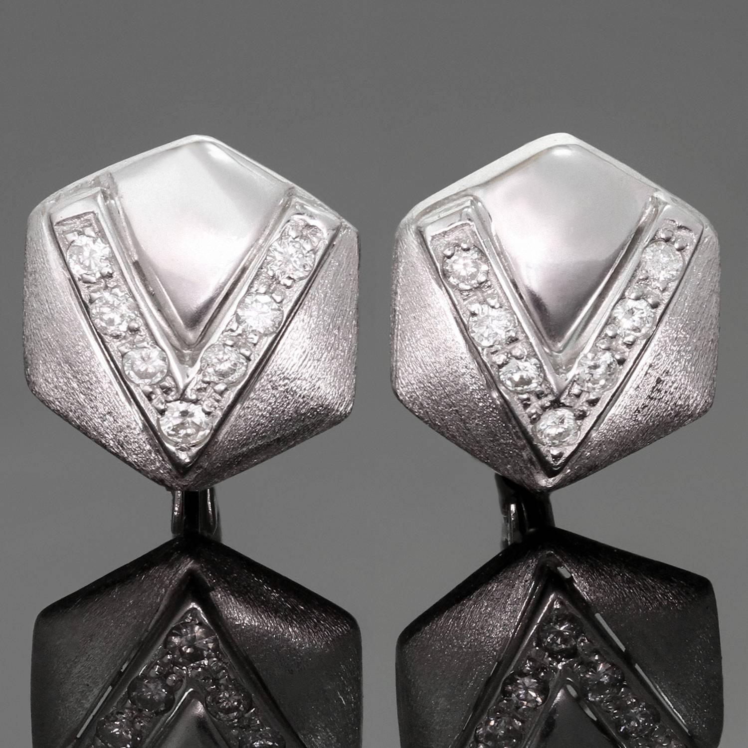 These classic lever-back earrings feature a pentagonal shape crafted in 14k white gold and set with brilliant-cut round diamonds of an estimated 0.40 carats. Made in United States circa 1990s. Measurements: 0.51
