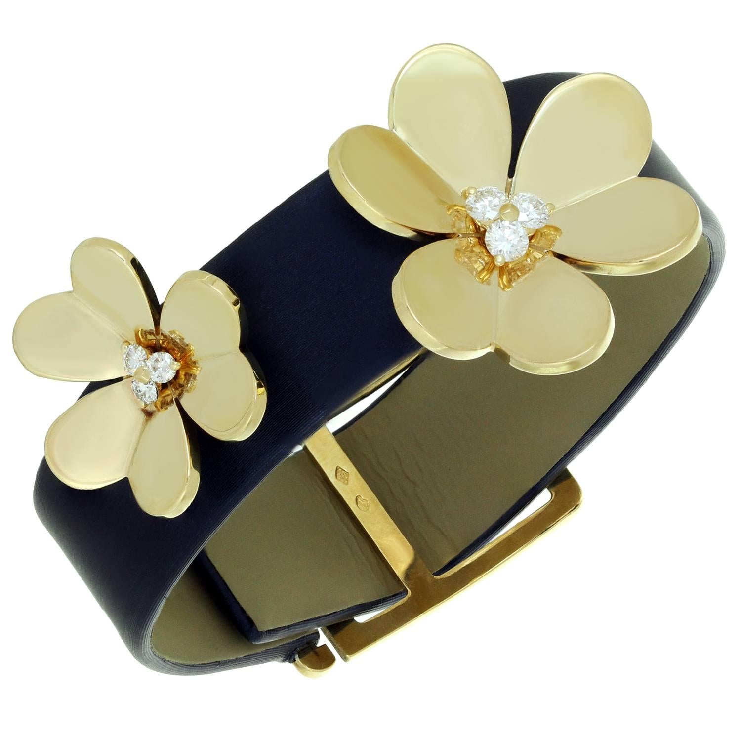 Van Cleef & Arpels Frivole Diamond Yellow Gold Navy Leather Bracelet