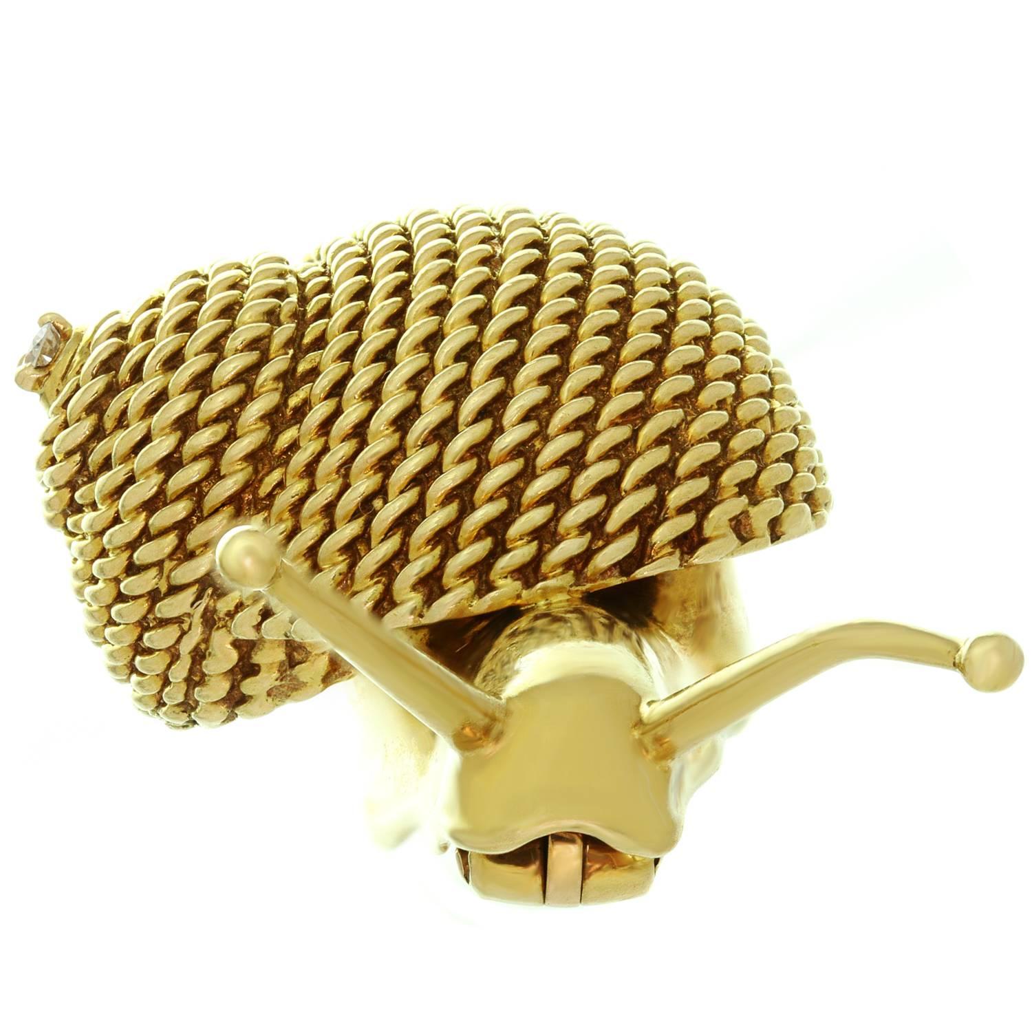 Hermes Solitaire Diamond Yellow Gold Snail Brooch In Excellent Condition In New York, NY