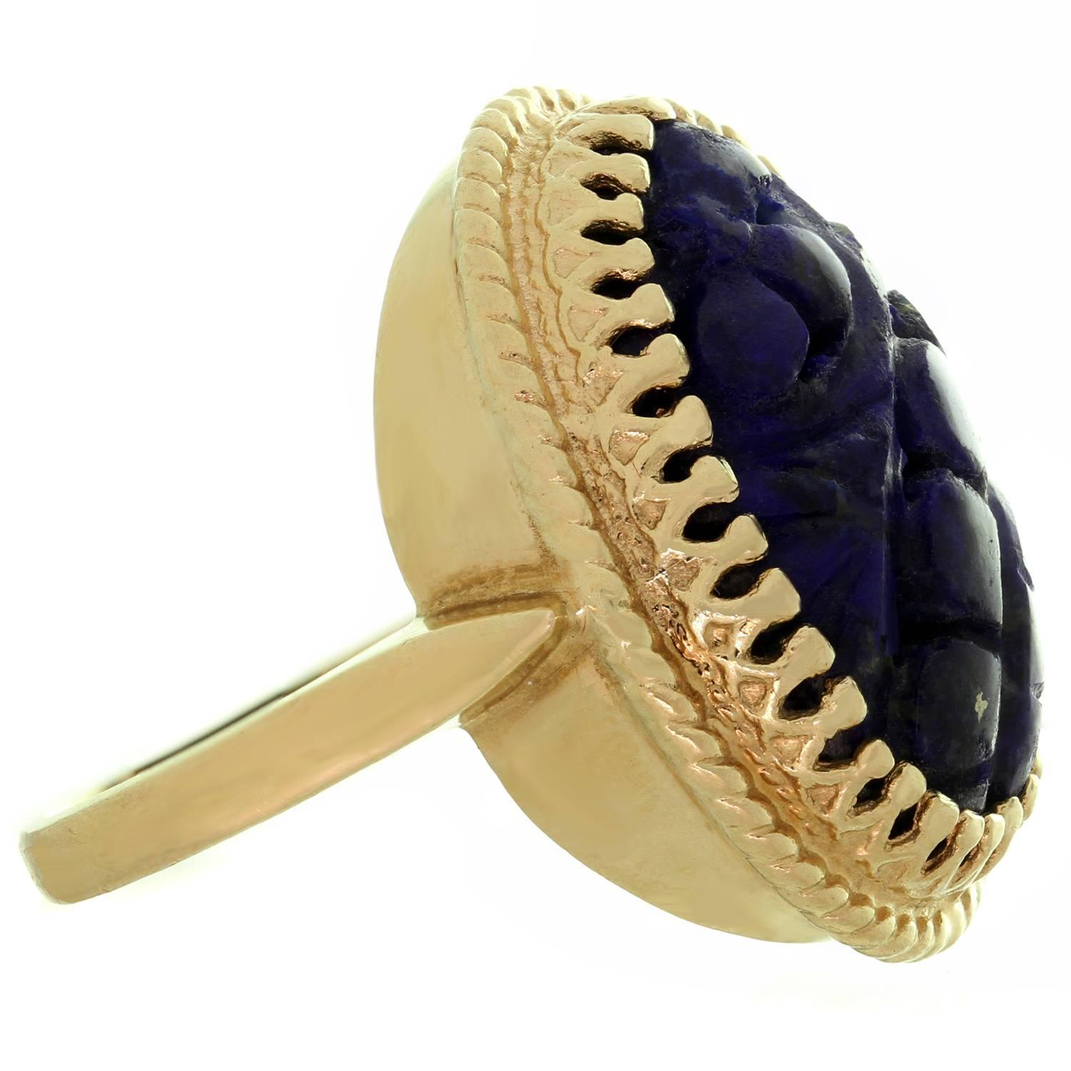 Women's Hand-Carved Natural Lapis Lazuli 14K Yellow Gold Cocktail Ring