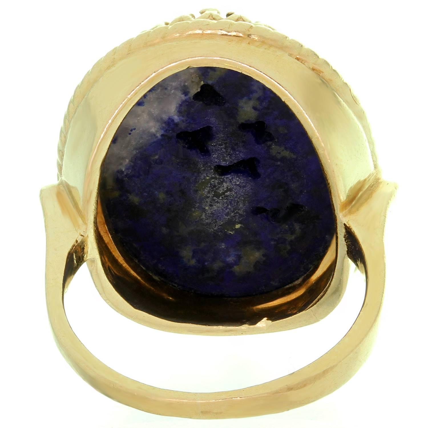 Hand-Carved Natural Lapis Lazuli 14K Yellow Gold Cocktail Ring 2