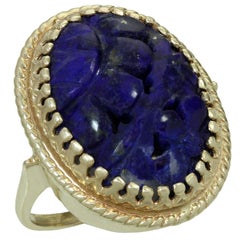 Hand-Carved Natural Lapis Lazuli 14K Yellow Gold Cocktail Ring