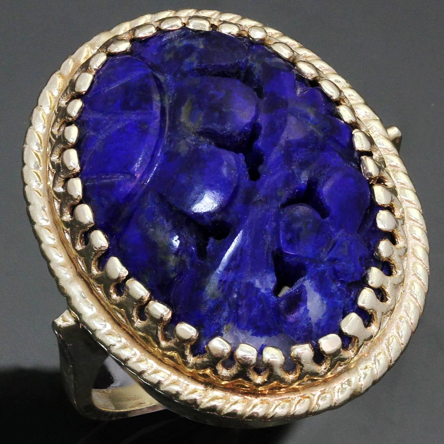 Hand-Carved Natural Lapis Lazuli 14K Yellow Gold Cocktail Ring 3