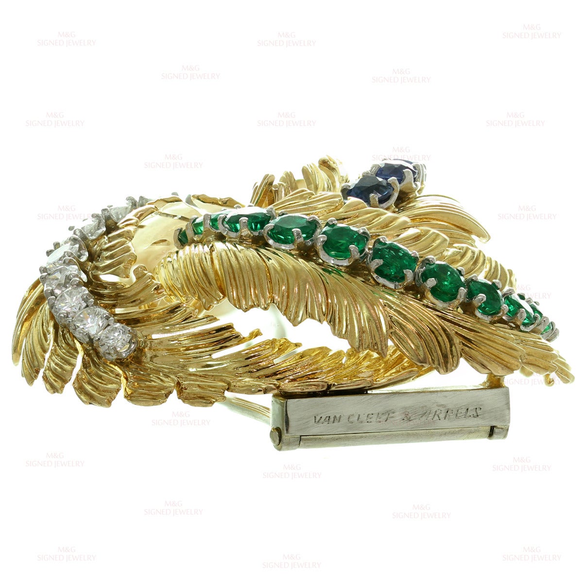 1970s Van Cleef & Arpels Emerald Sapphire Diamond Yellow Gold Leaf Brooch 1