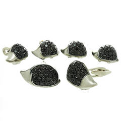 Retro 1990s deGrisogono Black Diamond 18k Gold, Silver Porcupine Cufflinks and Stu