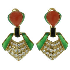 1980s Van Cleef & Arpels Chrysoprase Coral Diamond Clip-on Earrings