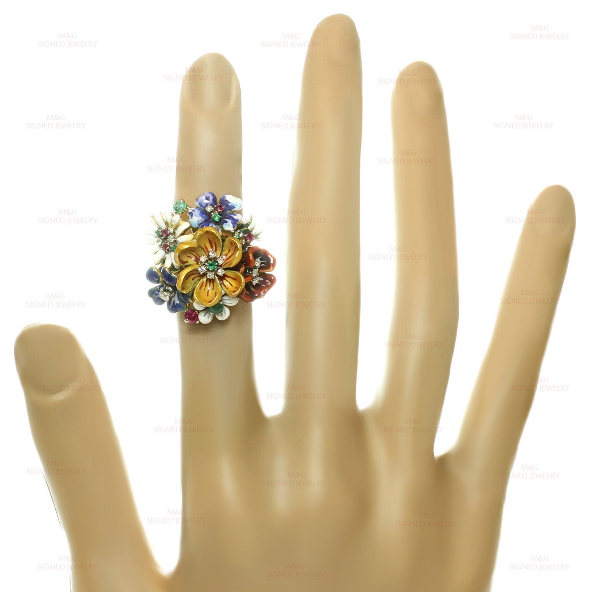 Women's 1980s Enamel Gemstone Diamond Gold Flower Cluster Ring