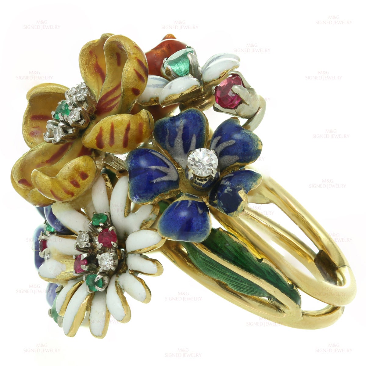 1980s Enamel Gemstone Diamond Gold Flower Cluster Ring In New Condition In New York, NY