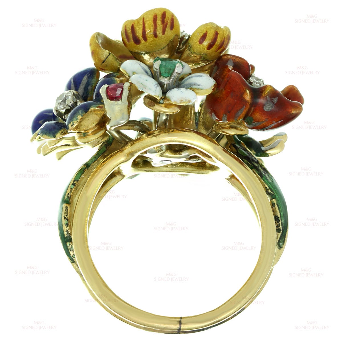 1980s Enamel Gemstone Diamond Gold Flower Cluster Ring 4
