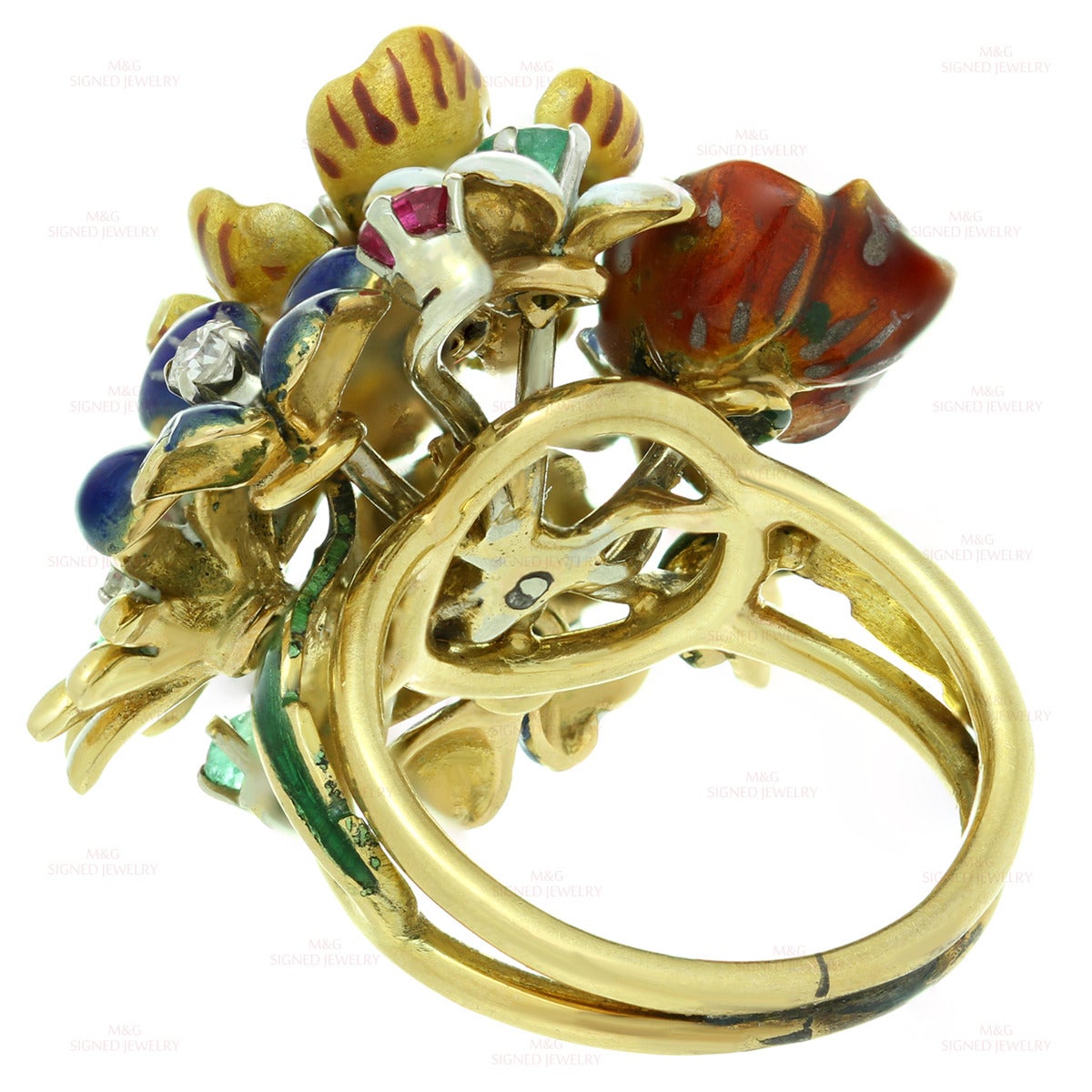 1980s Enamel Gemstone Diamond Gold Flower Cluster Ring 3
