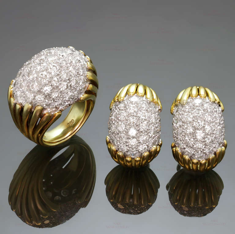 1980s TRIO  Diamond Yellow Gold Dome Ring & Earrings Set