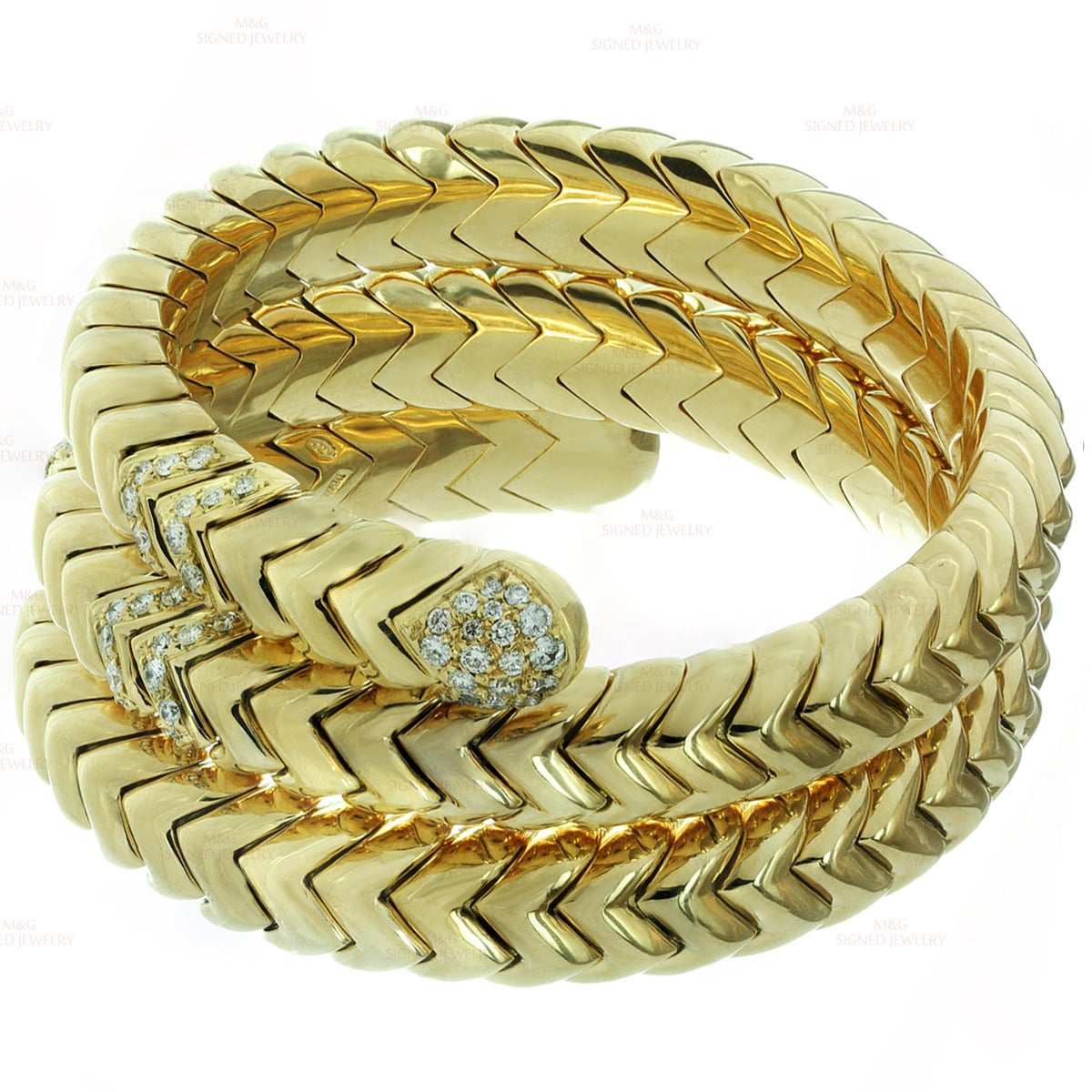 Bulgari Spiga Diamond Gold Three Row Bracelet In Excellent Condition In New York, NY