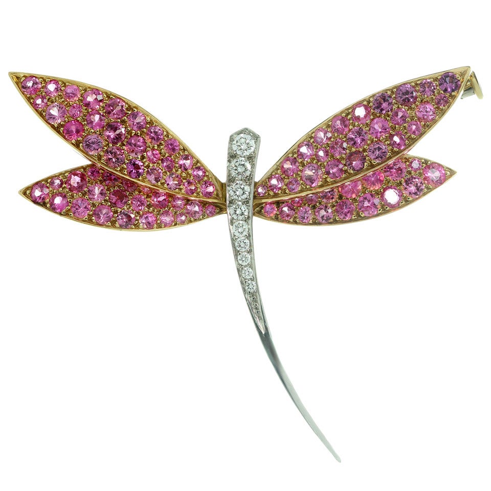 Van Cleef & Arpels Pink Sapphire Diamond Gold Small Dragonfly Brooch