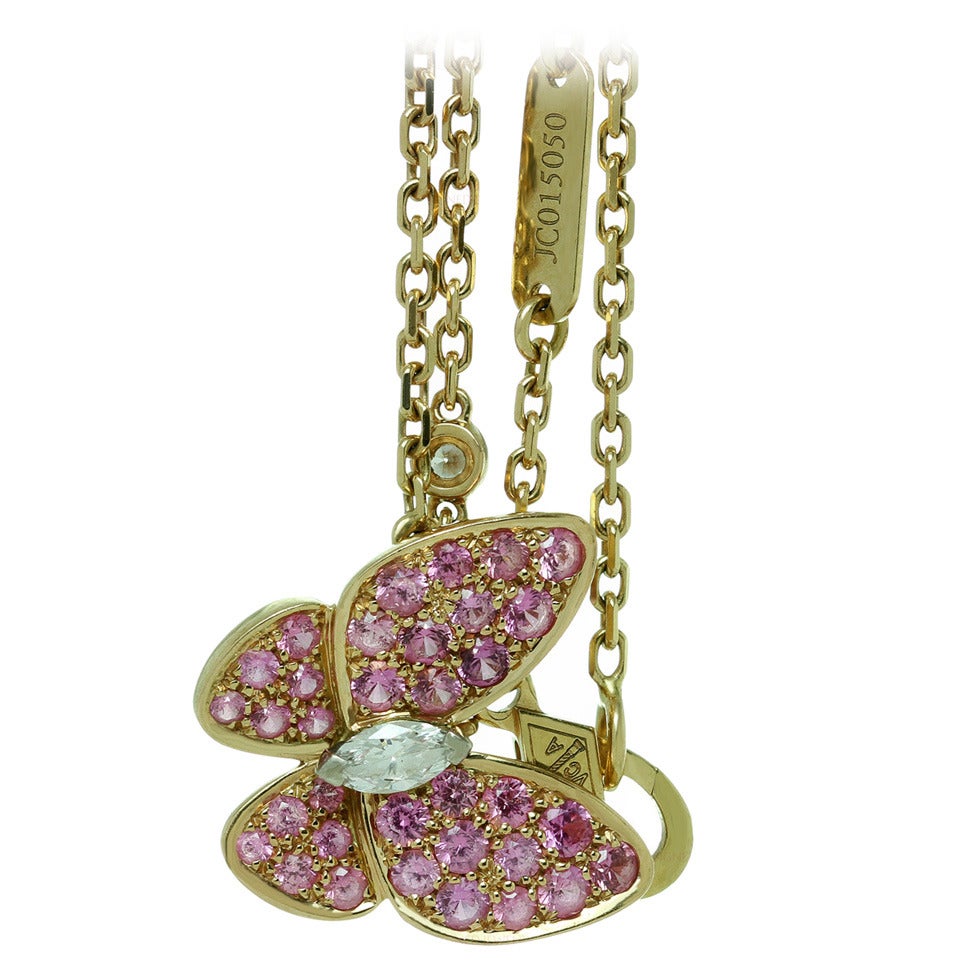 Van Cleef & Arpels Pink Sapphire Diamond Gold Butterfly Necklace