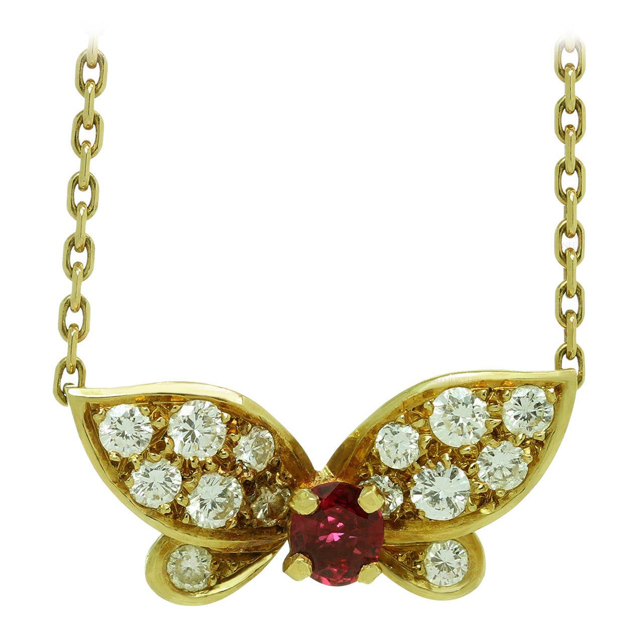 1990s Van Cleef & Arpels Ruby Diamond Gold Butterfly Necklace